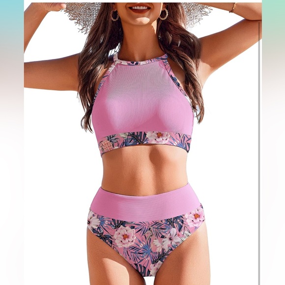 Ai’mage Other - AI'MAGE High Neck Ribbed Two Pieces Bikini Swimsuit Pink Print Women’s Medium
